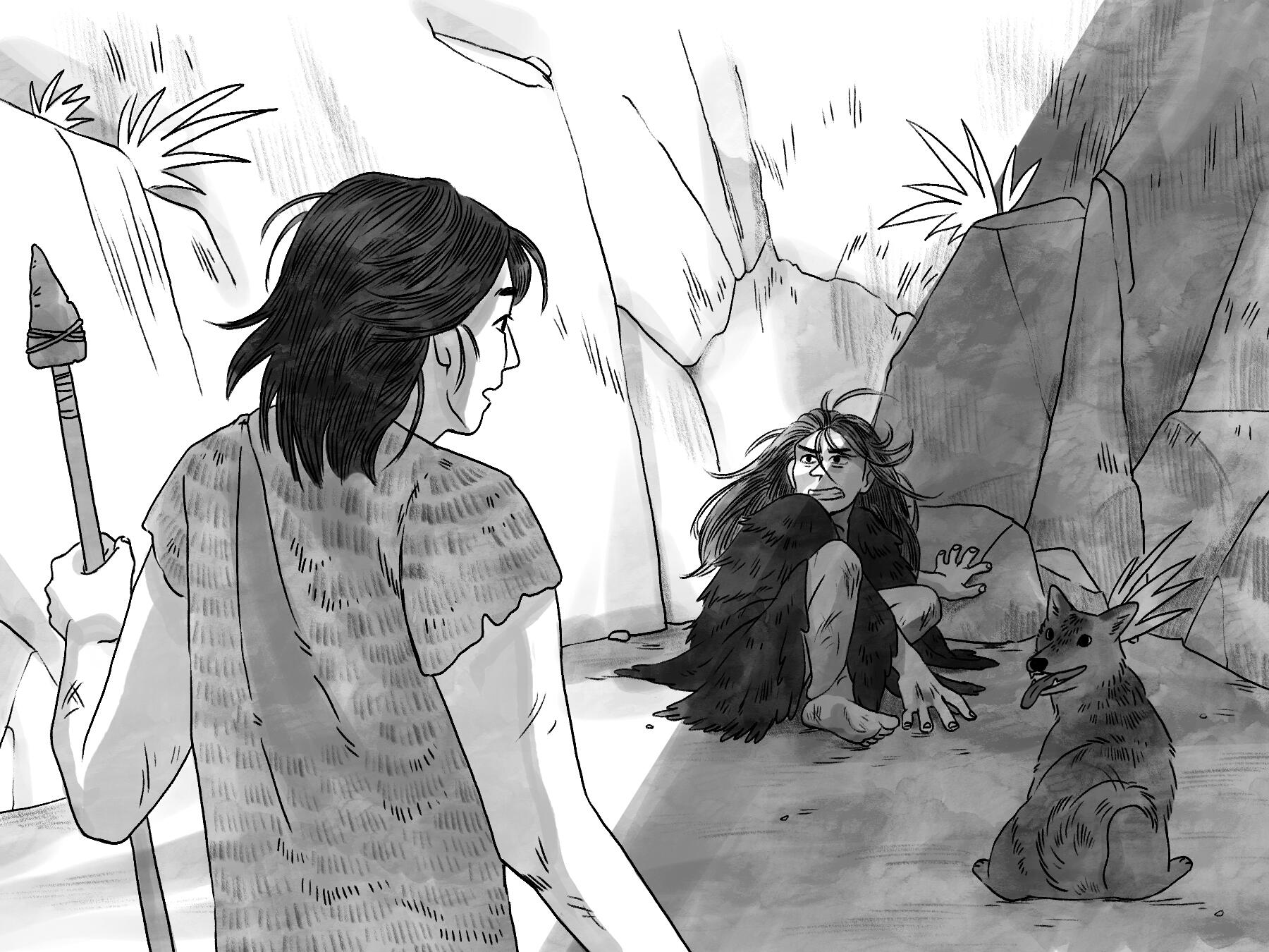 half page illustration for story about early humans and neanderthals